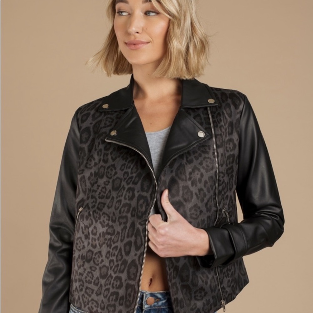 TOBI Black‎ Animal Print Faux Leather Vegan Moto Jacket